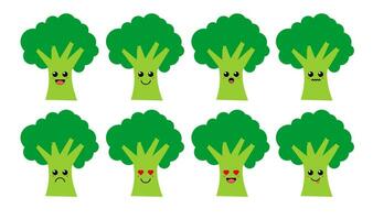 Set of cute cartoon colorful green broccoli vegetable with different emotions. Funny emotions character collection for kids. Fantasy characters. Vector illustrations, cartoon flat style