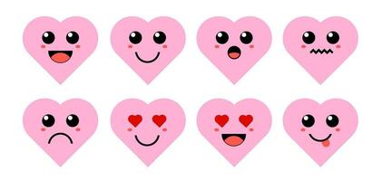 Set of cute cartoon colorful pink love heart with different emotions. Funny emotions character collection for kids. Fantasy characters. Vector illustrations, cartoon flat style