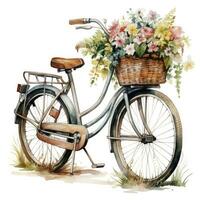 AI generated Watercolor bicycle with flowers in the basket isolated on white background.  AI Generated photo