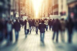 ai generado borroso negocio personas caminando en el ciudad bohordo. ai generado foto