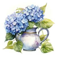 AI generated Watercolor hydrangeas in teapot isolated on white background. AI Generated photo