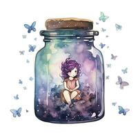 AI generated Watercolor Fantasy Pastel Goth Tiny Fairy in a Jar. AI Generated photo