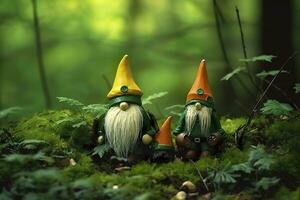 AI generated Toy Irish gnomes in a mystery forest, abstract green natural background. Generative AI photo