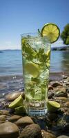 AI generated Stunning photo of cocktail mojito, a sunny summer beach in the background. Generative AI