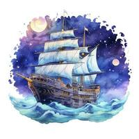 AI generated Night sea ship watercolor style for T-shirt design. AI Generated photo