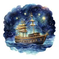 AI generated Night sea ship watercolor style for T-shirt design. AI Generated photo