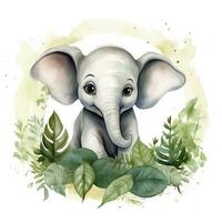 AI generated Happy cute baby elephant in green leaves in the watercolor style. AI Generated photo