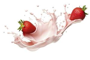 AI generated milk or yogurt splash with strawberries isolated on white background, 3d rendering. AI Generated photo