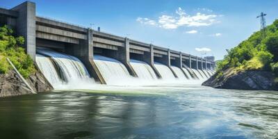 AI generated Hydroelectric dam generating green energy from flowing water.   AI Generated. photo