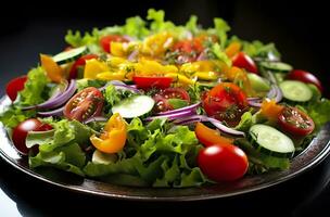 AI generated health benefits of healthy salad, in the style of precise detailing, smooth and shiny. AI Generated photo