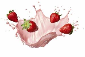 AI generated milk or yogurt splash with strawberries isolated on white background, 3d rendering. AI Generated photo
