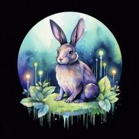 AI generated Watercolor Rabbit and Glowing Moon for T-shirt Design. AI Generated photo