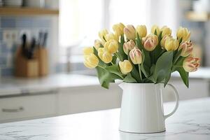 AI generated A bouquet of tulips on a white table. AI Generated photo