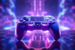 AI generated Video game controller with bright neon light streaks. Computer gamer background, 3D octane render. Game concept ideas.  AI Generative photo