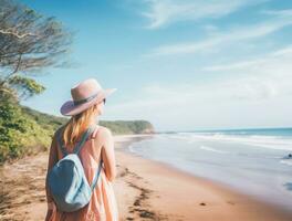 AI generated a photograph of traveler or backpaker in the beach with a many style and many angle photo