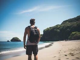 AI generated a photograph of traveler or backpaker in the beach with a many style and many angle photo