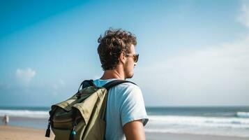 AI generated a photograph of traveler or backpaker in the beach with a many style and many angle photo