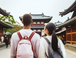 AI generated a photograph couple of traveler or backpaker with a many style and many angle photo