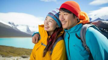 AI generated a photograph couple of traveler or backpaker with a many style and many angle photo