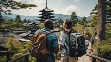 ai generado un fotografía Pareja de viajero o mochilero con un muchos estilo y muchos ángulo foto