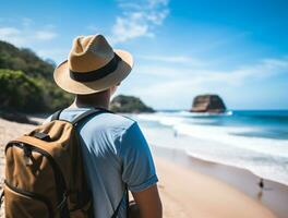 AI generated a photograph of traveler or backpaker in the beach with a many style and many angle photo