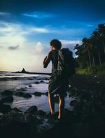 ai generado un fotografía de viajero o mochilero en el playa con un muchos estilo y muchos ángulo foto