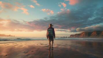 ai generado un fotografía de viajero o mochilero en el playa con un muchos estilo y muchos ángulo foto