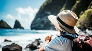 AI generated a photograph of traveler or backpaker in the beach with a many style and many angle photo