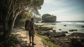 AI generated a photograph of traveler or backpaker in the beach with a many style and many angle photo