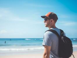 AI generated a photograph of traveler or backpaker in the beach with a many style and many angle photo