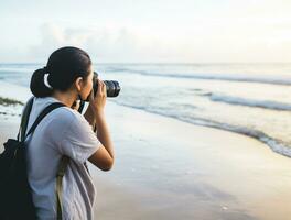 AI generated a photograph of traveler or backpaker in the beach with a many style and many angle photo