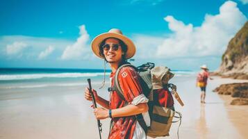 ai generado un fotografía de viajero o mochilero en el playa con un muchos estilo y muchos ángulo foto