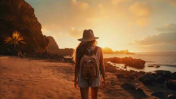 AI generated a photograph of traveler or backpaker in the beach with a many style and many angle photo