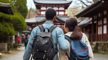 AI generated a photograph couple of traveler or backpaker with a many style and many angle photo