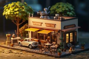 AI generated A charming and cozy coffee shop Set beside a busy highway with Warm and golden sunset light, and a Picturesque sunset view with vibrant colors. AI Generative photo