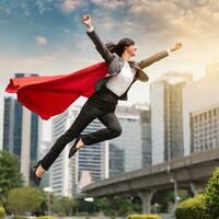 ai generado superhéroe mujer de negocios con rojo capa volador en el aire con paisaje urbano antecedentes foto