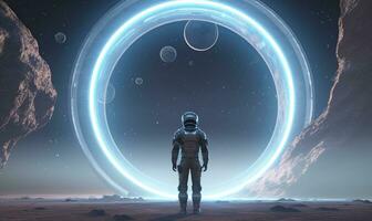 AI generated Astronaut in front of dimensional portal.  AI Generated. photo