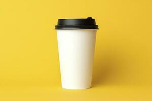 AI generated Blank coffee cup isolated on yellow background. AI Generated photo