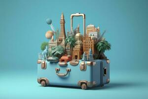 AI generated Blue suitcase full of landmarks and travel accessories on blue background. Generative AI photo