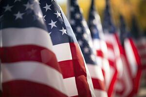 AI generated Closeup of an American flag in a row. AI Generated photo