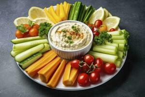 AI generated Crop shot of plate with colorful healthy sliced vegetables. AI Generated photo