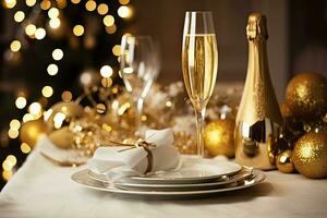 AI generated Christmas table setting with holiday decorations in gold color. AI Generated photo