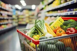 AI generated Close up of full shopping cart in grocery store. AI Generated photo
