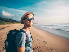 AI generated a photograph of traveler or backpaker in the beach with a many style and many angle photo