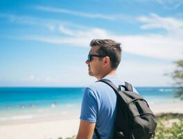 AI generated a photograph of traveler or backpaker in the beach with a many style and many angle photo