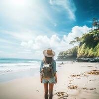 ai generado un fotografía de viajero o mochilero en el playa con un muchos estilo y muchos ángulo foto