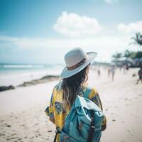 AI generated a photograph of traveler or backpaker in the beach with a many style and many angle photo