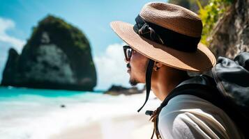 AI generated a photograph of traveler or backpaker in the beach with a many style and many angle photo