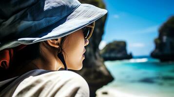 AI generated a photograph of traveler or backpaker in the beach with a many style and many angle photo