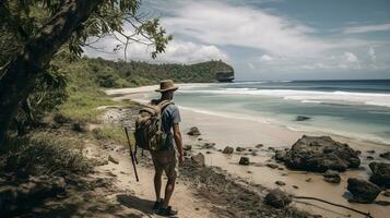 AI generated a photograph of traveler or backpaker in the beach with a many style and many angle photo